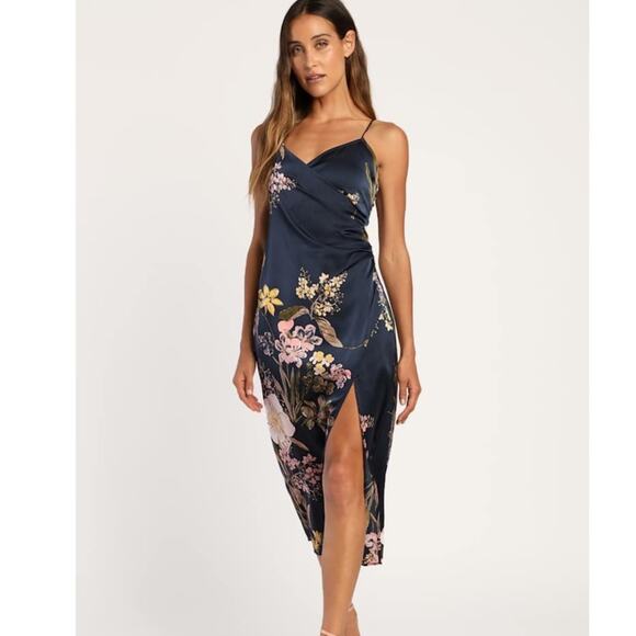 NWT Lulus Remarkable Entrance Navy Blue Floral Print Satin Midi Dress Wedding M - Picture 1 of 7